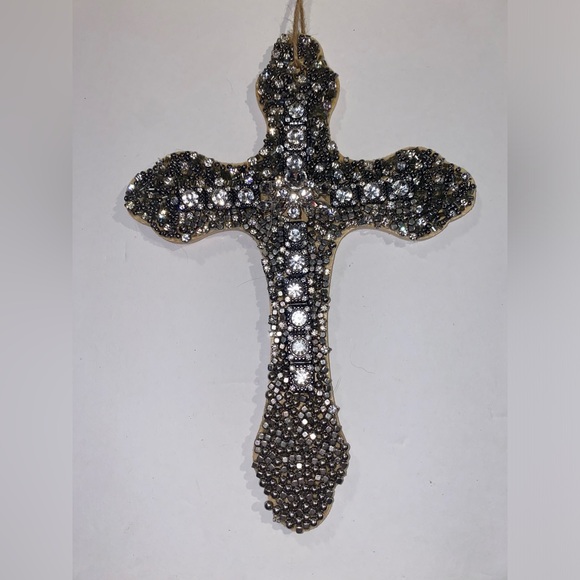 Artisanal Wood Cross w/ Repurposed Jewelry Deco of Silver, grey & Rhinestones - Picture 1 of 2